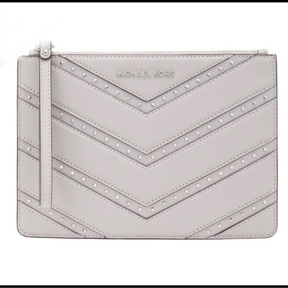 Michael Kors Handbags - Michael Kors Ellis XL Studded Wristlet Clutch Pearl Gray Leather NWT